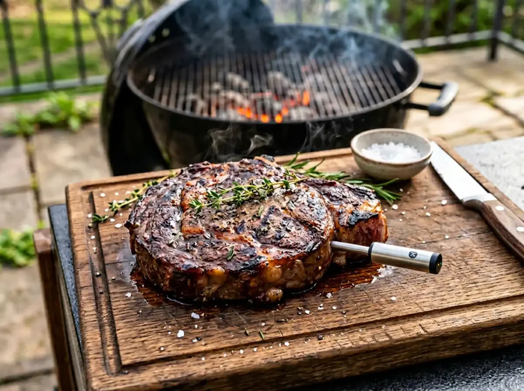 Wireless smart meat thermometer probe inserted into a perfectly grilled ribeye steak resting on a wooden cutting board