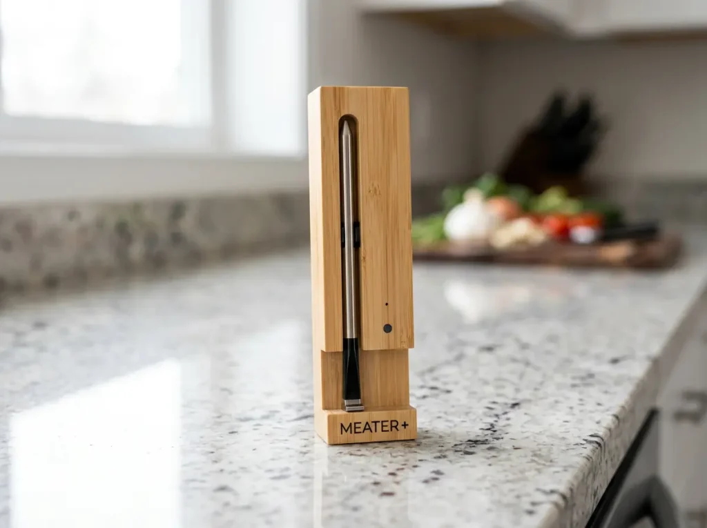 MEATER Plus wireless smart meat thermometer with its bamboo charging base.