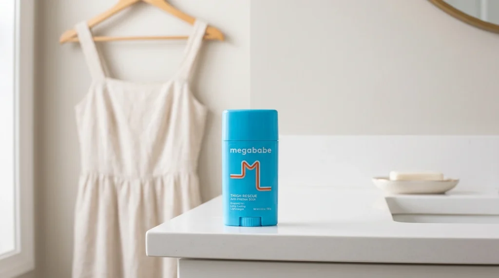 Megababe Thigh Rescue Anti-Friction Stick sitting on a modern bathroom vanity next to a summer dress