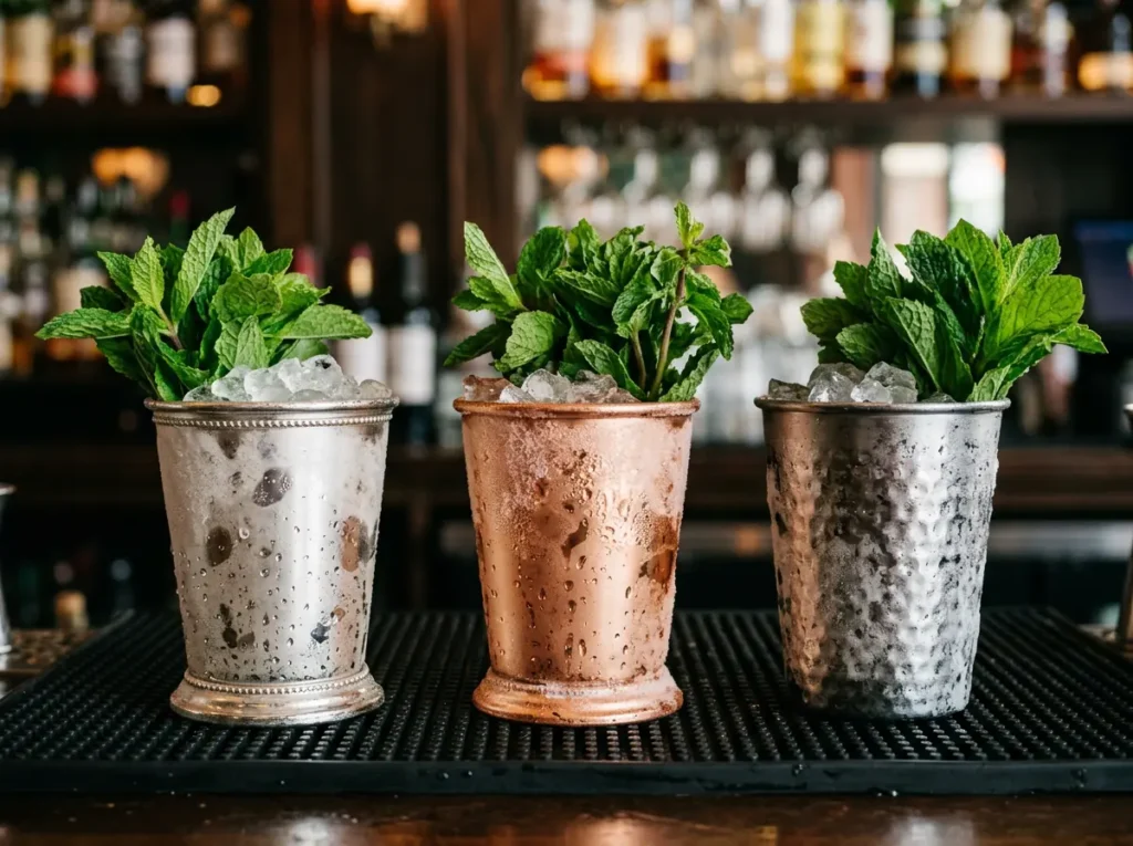 Comparison of silver, copper, and hammered steel mint julep cups showing different frost build-up styles.