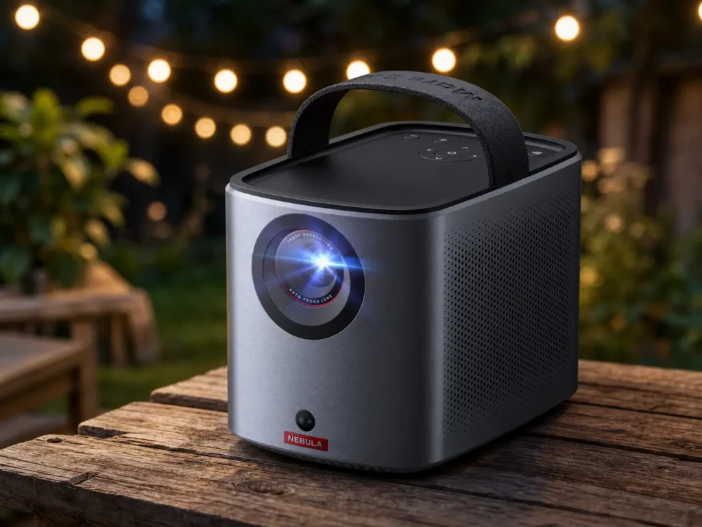 The Nebula Mars 3 Air smart portable projector sitting on a wooden garden table at twilight.