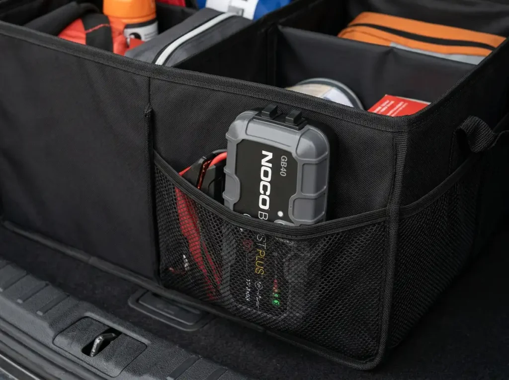NOCO Boost Plus GB40 portable jump starter stored in a trunk organizer pocket.