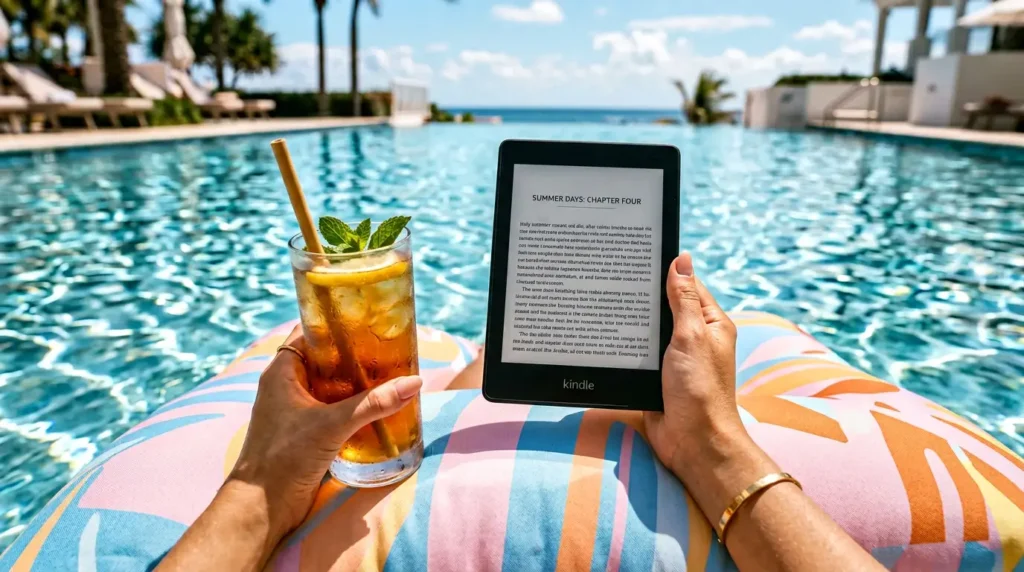 A person reading a waterproof Kindle Paperwhite on a pool float in bright summer sunlight