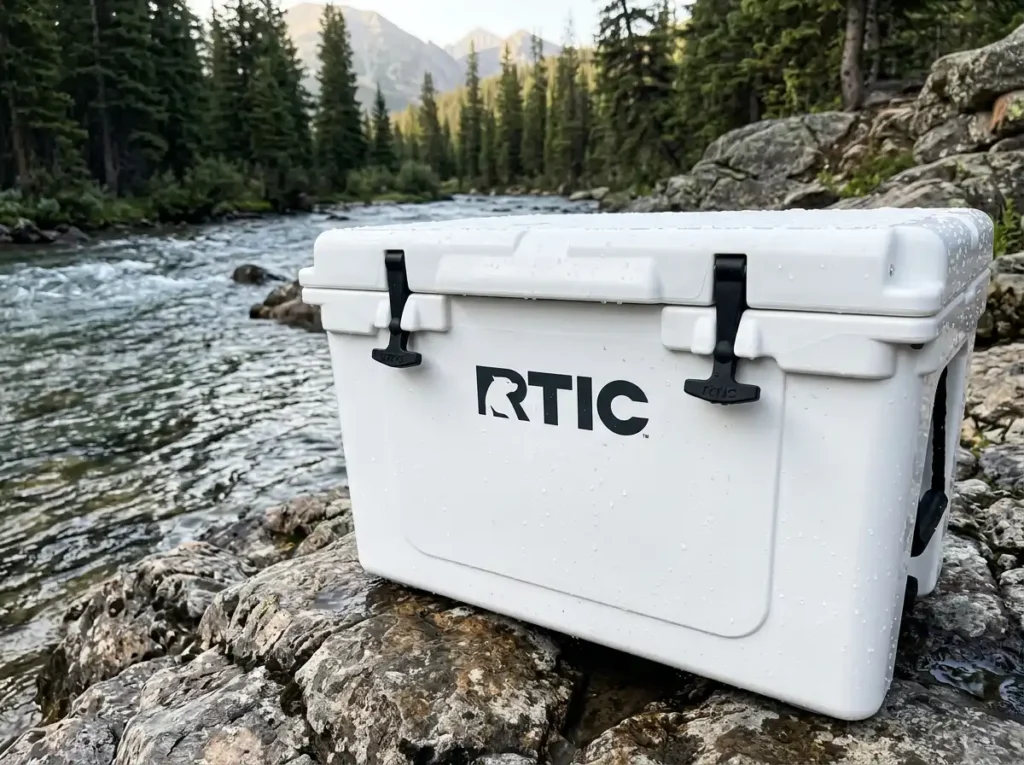 RTIC Ultra-Light 52 Quart Hard Cooler with water droplets on rugged river rocks.