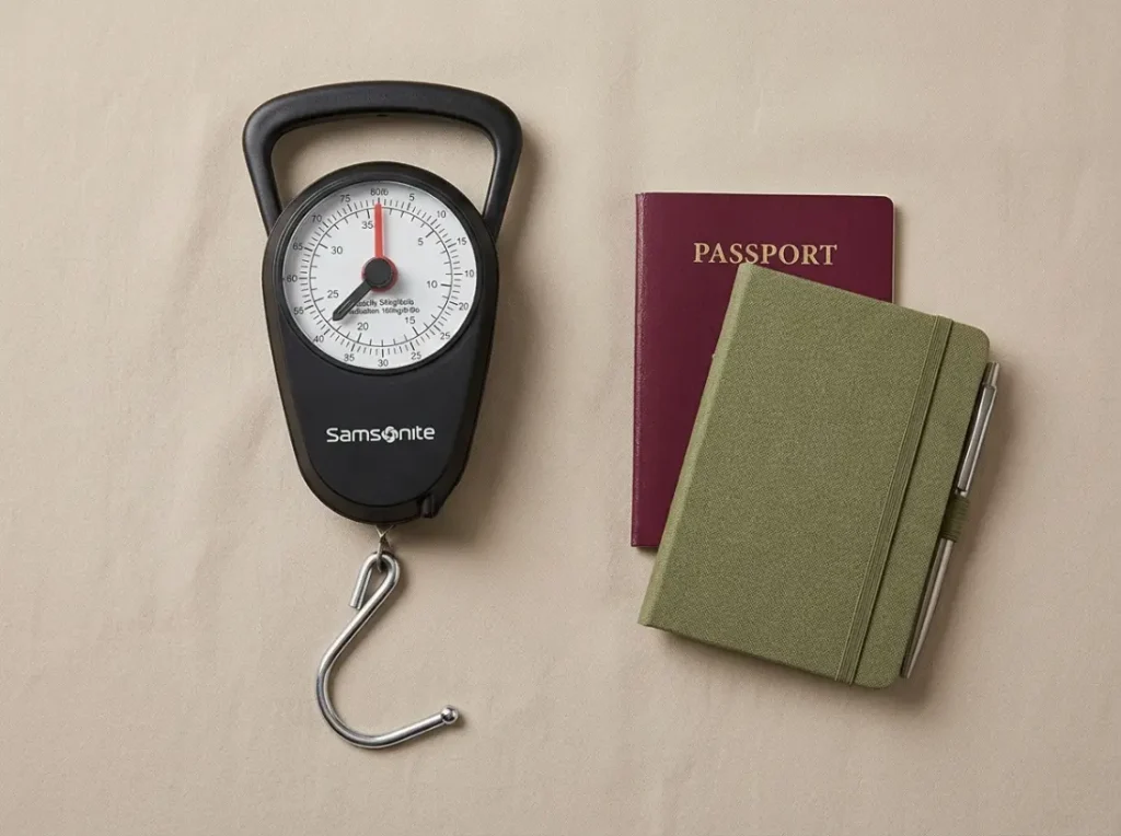 Samsonite manual luggage scale with black comfort-grip handle and metal hook, laid flat on a beige background next to a passport.