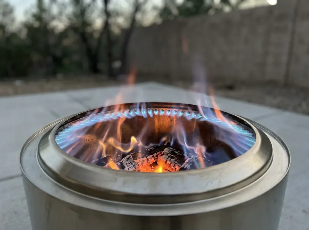 Close up of secondary combustion flames in a Solo Stove Bonfire 2.0 smokeless fire pit.
