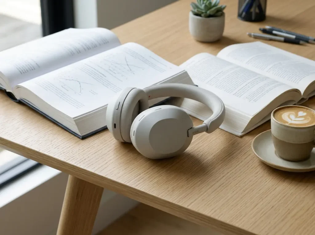 Sony WH-1000XM5 Wireless Noise Canceling Headphones in Silver on a student study desk.