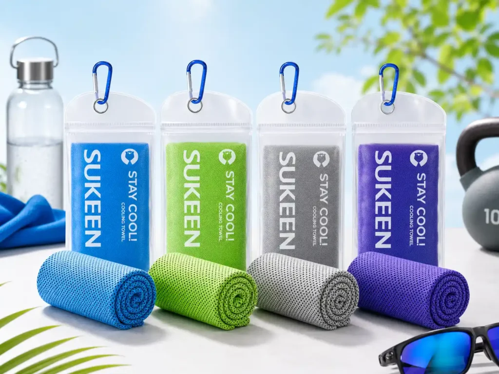 Four vibrant Sukeen cooling towels neatly folded next to their individual waterproof carrying pouches.