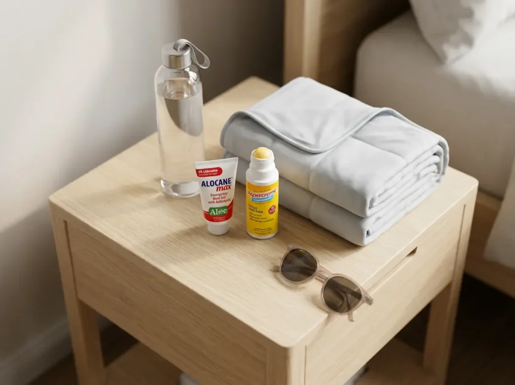 A nightstand with a bottle of water, a tube of Alocane gel, and a folded Bedsure cooling blanket for sunburn recovery.