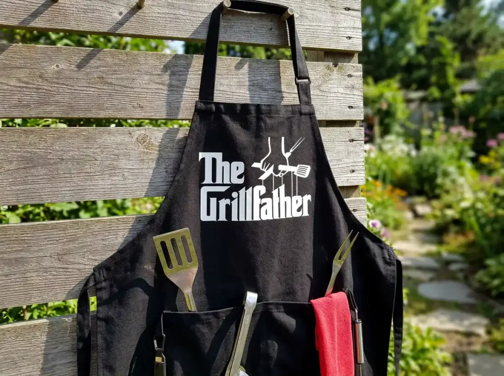 The Grillfather funny BBQ apron hanging on a wooden fence under natural outdoor sunlight