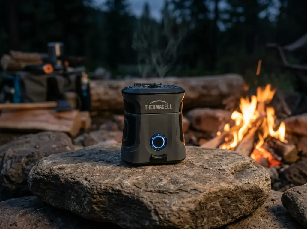 The rugged Thermacell EX90 mosquito repeller sitting on a rock during a camping trip at dusk.