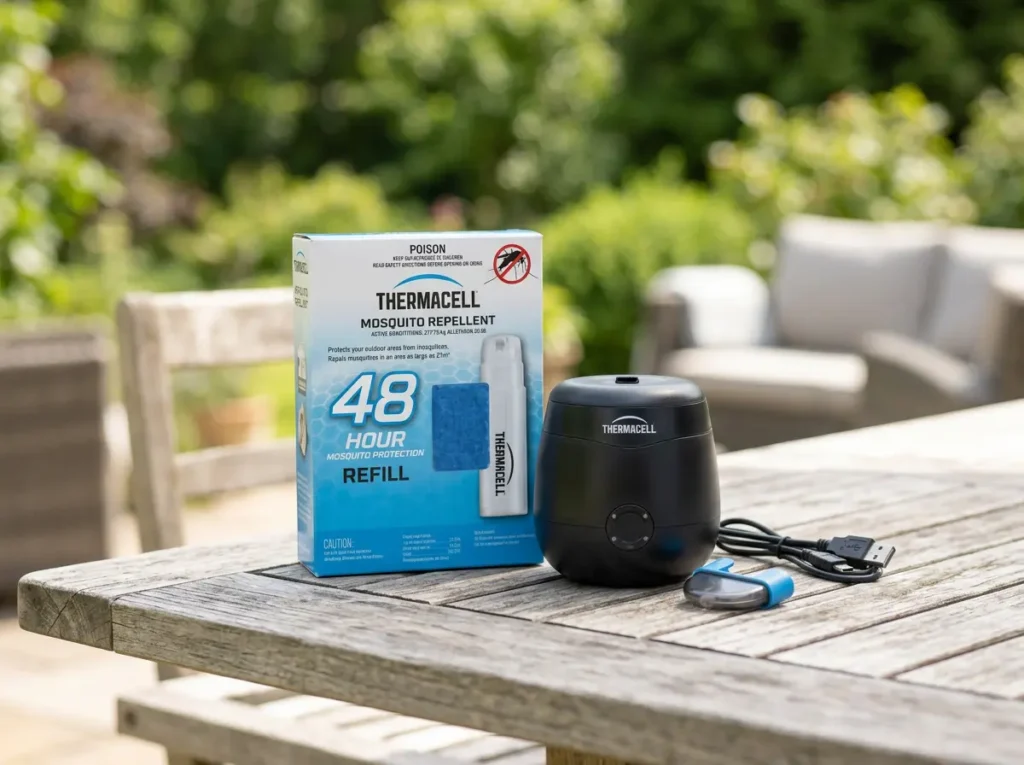 A bulk pack of Thermacell 48-hour mosquito repellent refills next to an E55 device on a garden table.