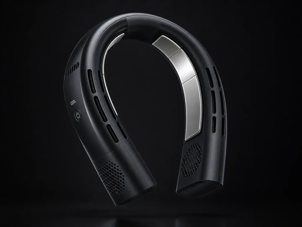 A sleek, high-tech black TORRAS COOLiFY 2S wearable air conditioner showing the metallic cooling plates.