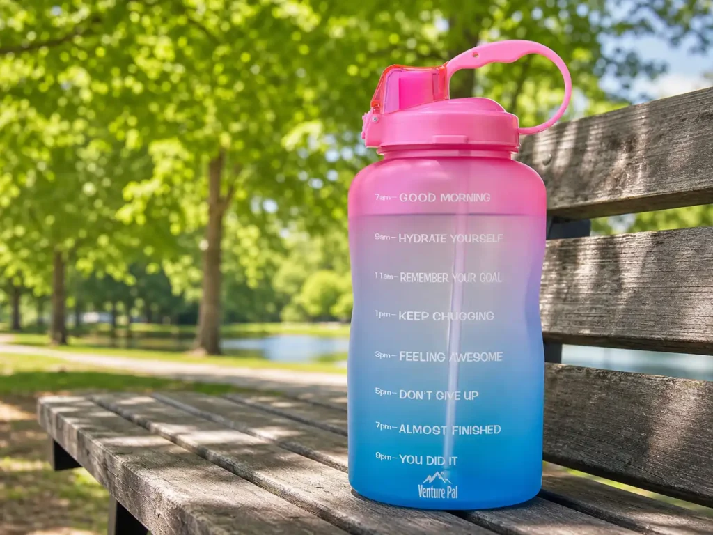 A pink-and-blue Venture Pal 64oz water bottle with motivational times sits on a park bench during a sunny afternoon walk.