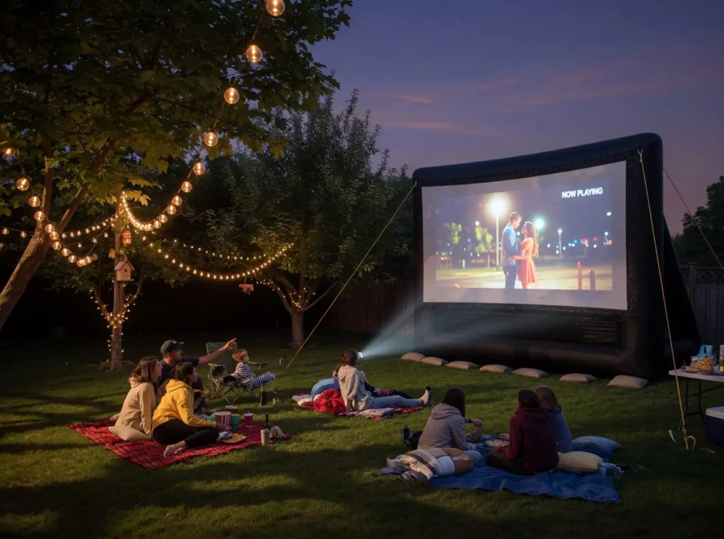 VEVOR 16ft inflatable movie screen fully anchored in a spacious backyard during a neighborhood outdoor movie night.