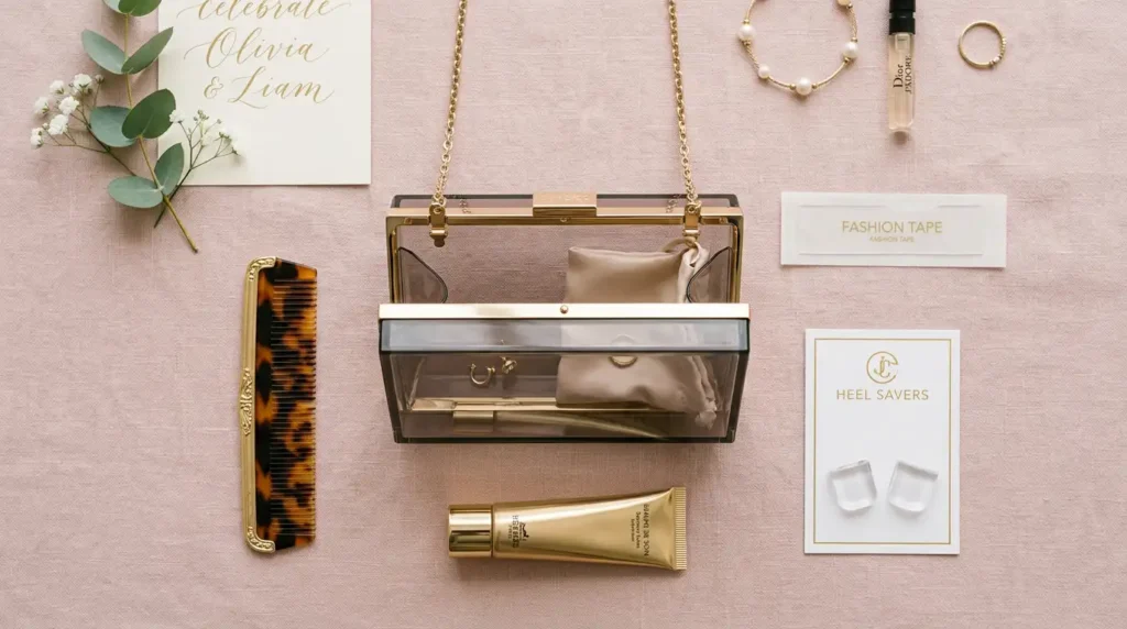 A chic wedding guest survival kit clutch with essential fashion accessories on a pastel background