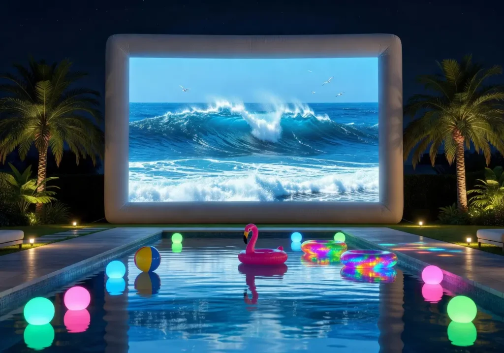 XHYCPY 20ft inflatable projector screen set up next to a swimming pool for an outdoor movie night pool party.
