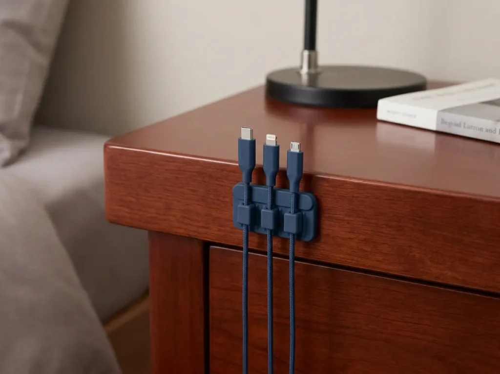 Anker Magnetic Cable Holder keeping miscellaneous charging wires neat on a bedside table.