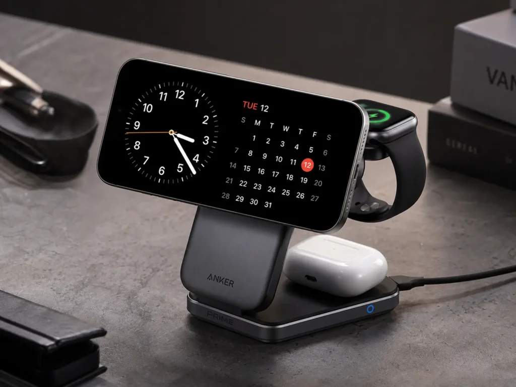 Anker Prime 3-in-1 Wireless Charging Station on a bedside table with an active-cooling design.