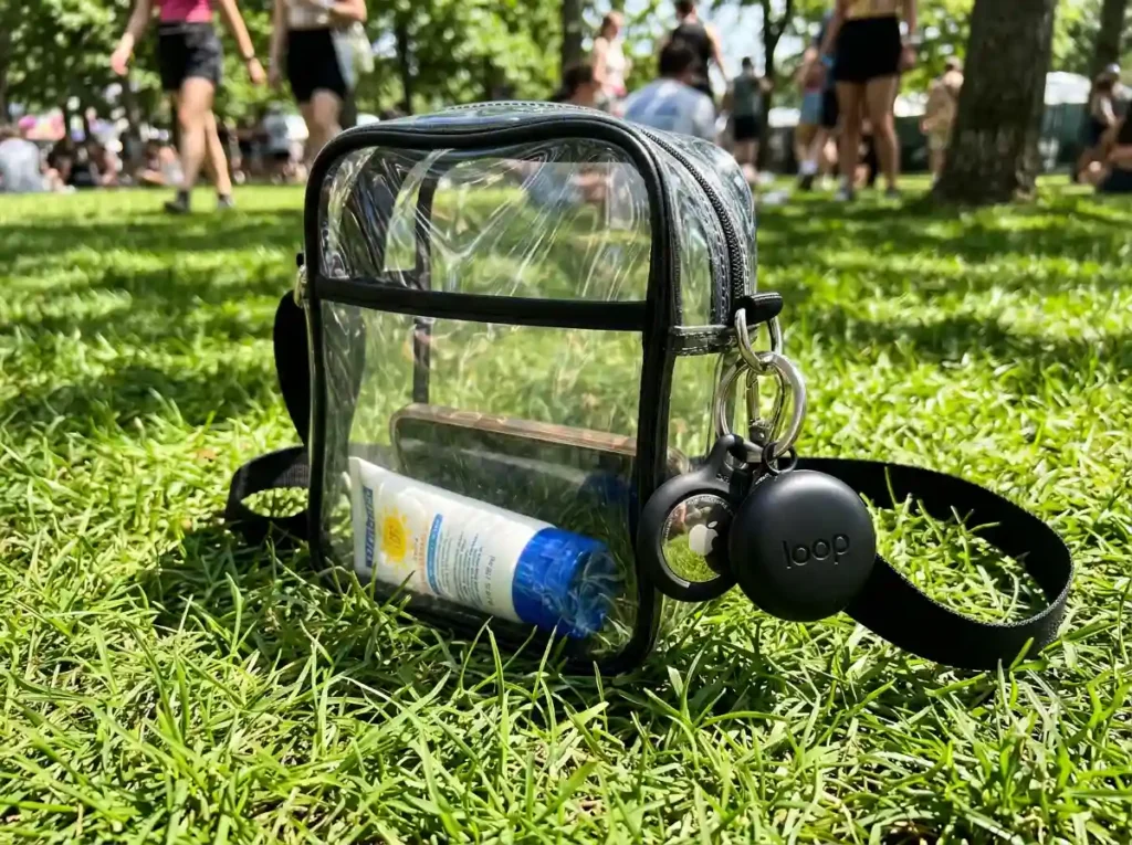 Apple AirTag in a Belkin secure holder keychain attached to a festival bag next to an earplug case.