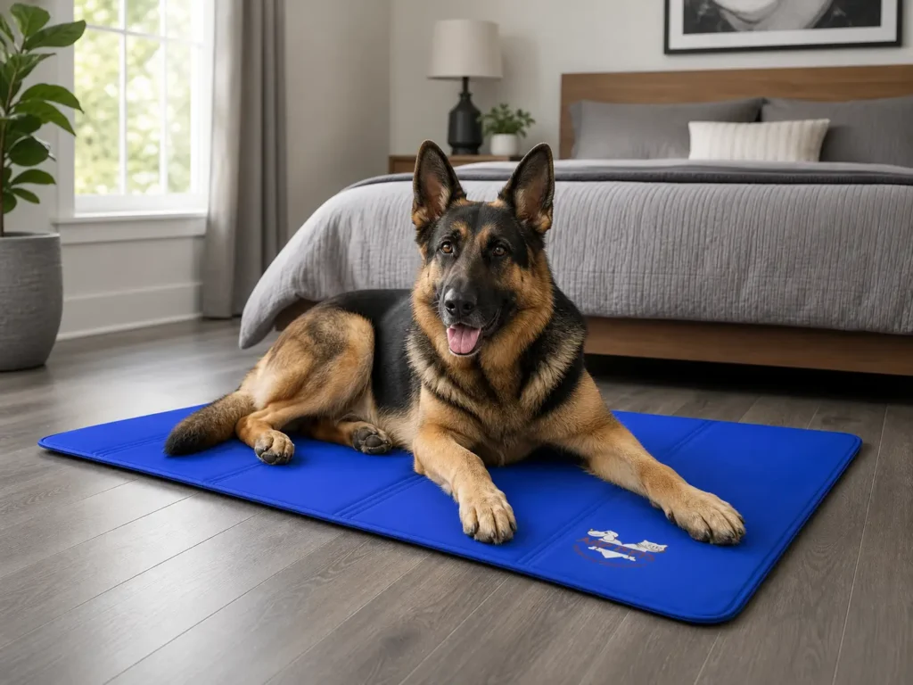 A large German Shepherd resting comfortably on an Arf Pets Dog Cooling Mat in a modern bedroom