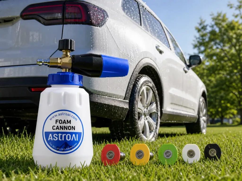 The AstroAI Foam Cannon for pressure washer shown with five colorful quick-connect nozzle tips.