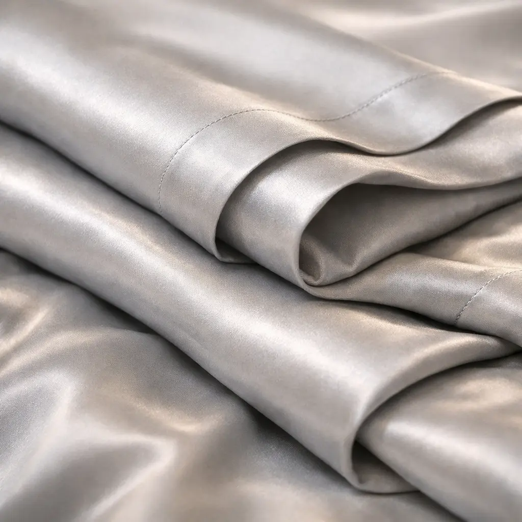 Close-up of light gray sateen weave BAMPURE Luxury Series Queen Sheets showing the ultra-soft silky texture of organic bamboo viscose.
