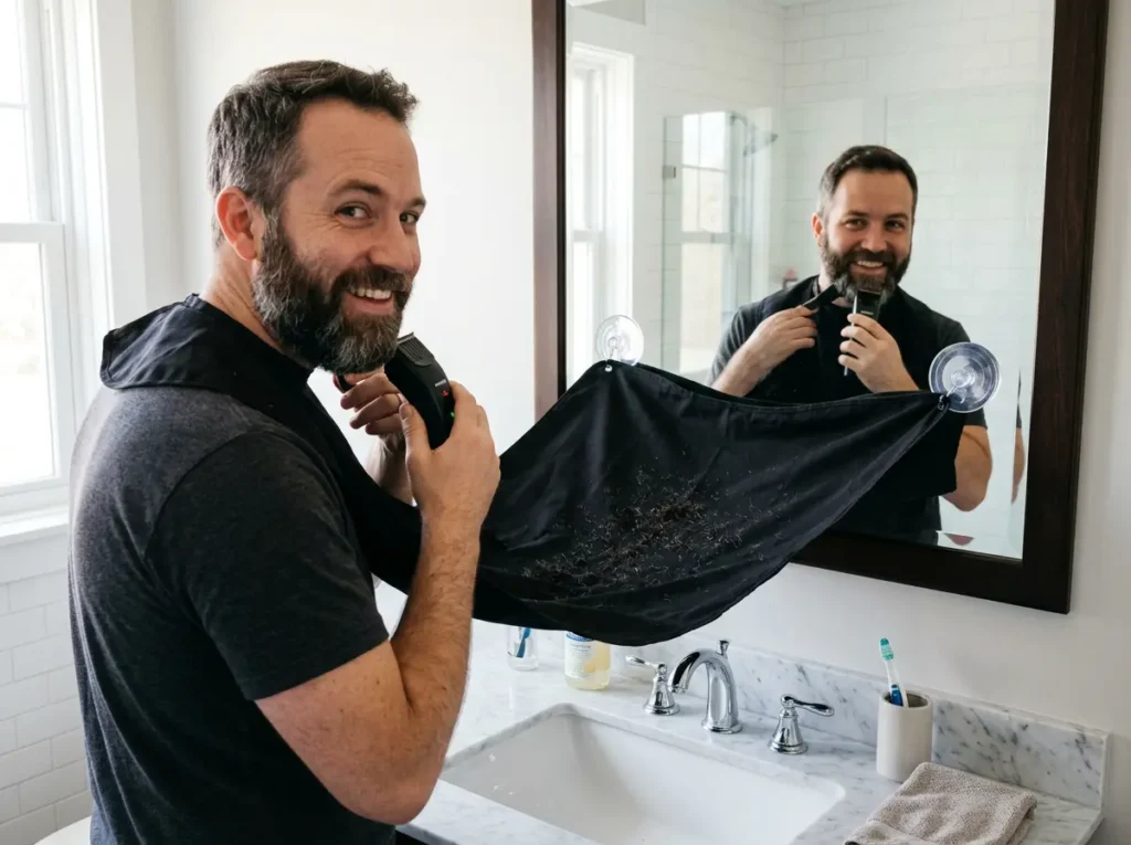 A man using the Beard King official beard bib attached to a bathroom mirror to catch hair clippings while trimming.