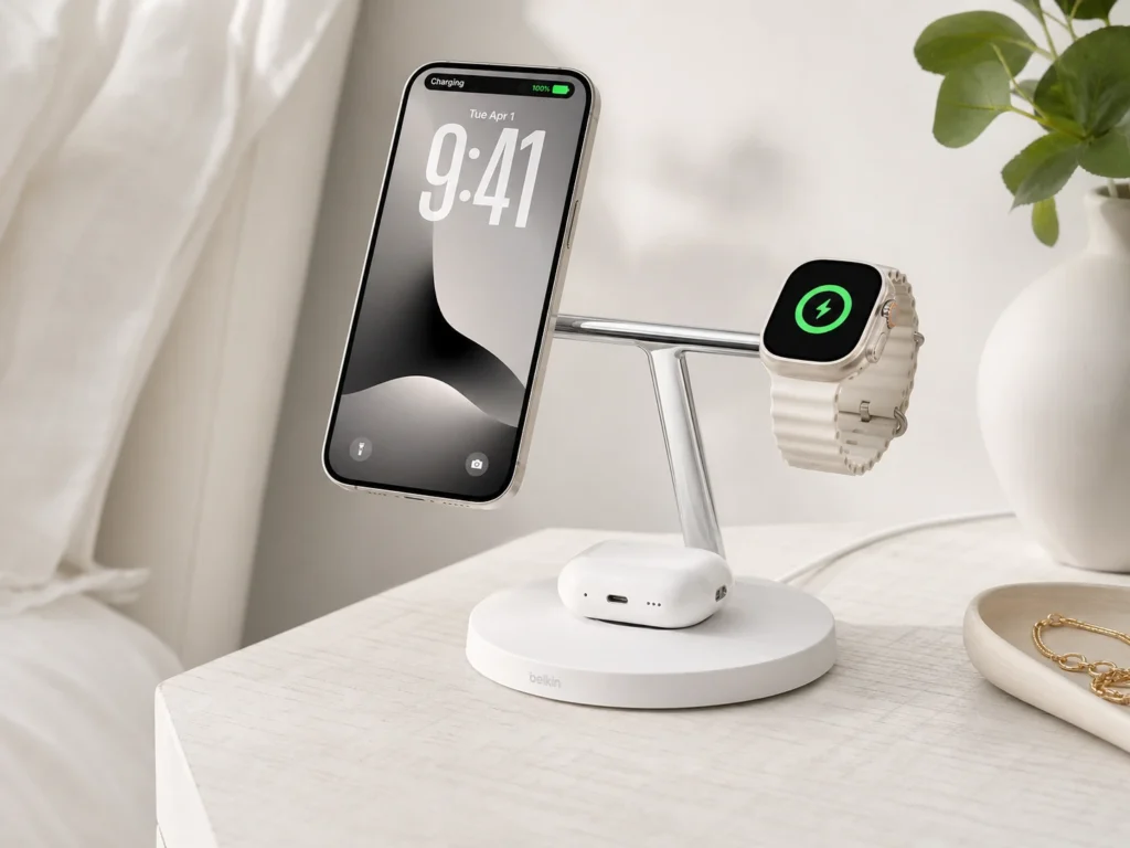 White Belkin BoostCharge Pro 3-in-1 charging stand showing floating Apple Watch and iPhone.
