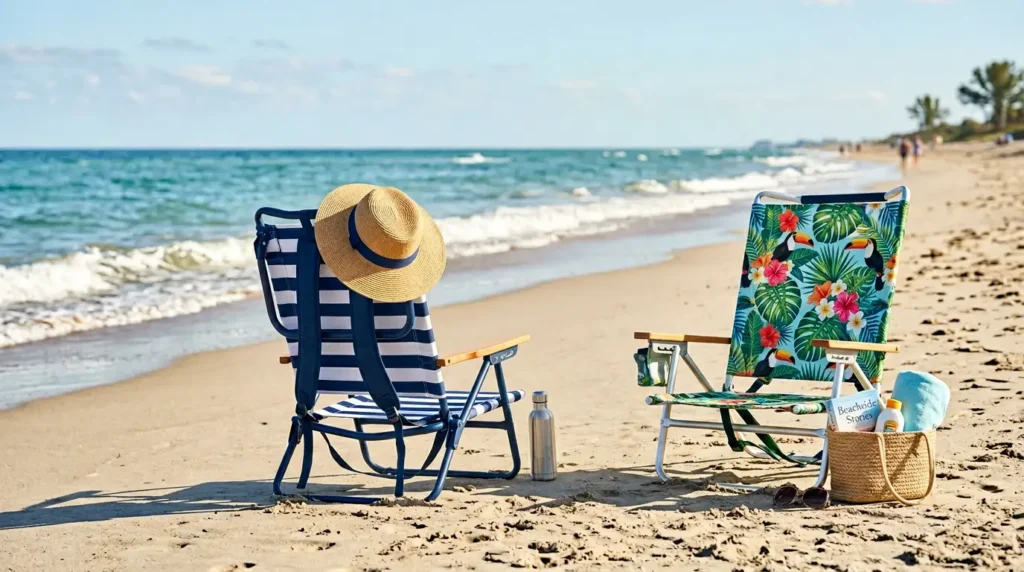 Two of the best backpack beach chairs set up on a pristine white sand beach under a clear blue sky.