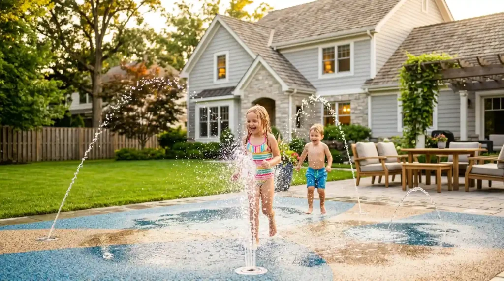 A premium blue backyard splash pad spraying water under the summer sun on a beautiful suburban green lawn.