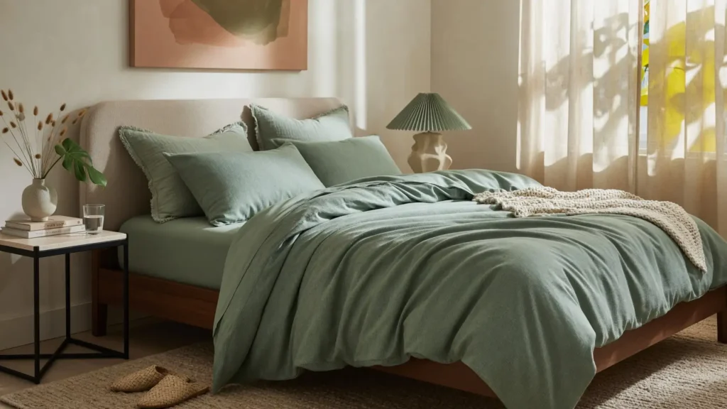 The best bamboo cooling sheets in sage green draped over a queen-size bed in a sunlit modern bedroom.