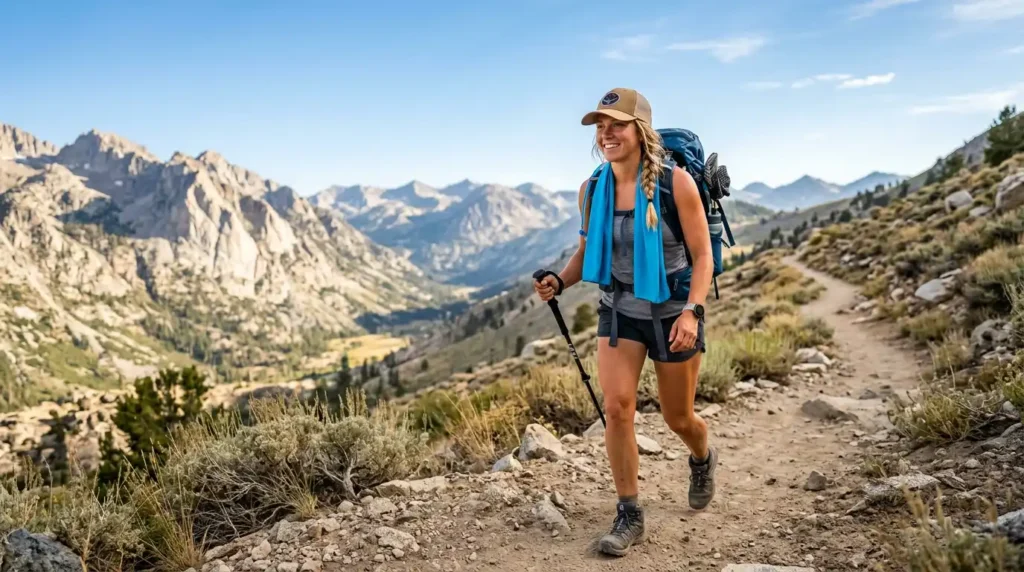 A hiker on a hot summer trail testing the best cooling towels for hiking to stay cool.
