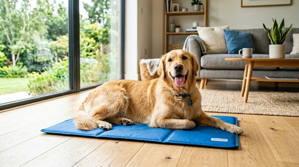 A happy golden retriever resting on a blue pressure-activated cooling mat for dogs in a sunny living room