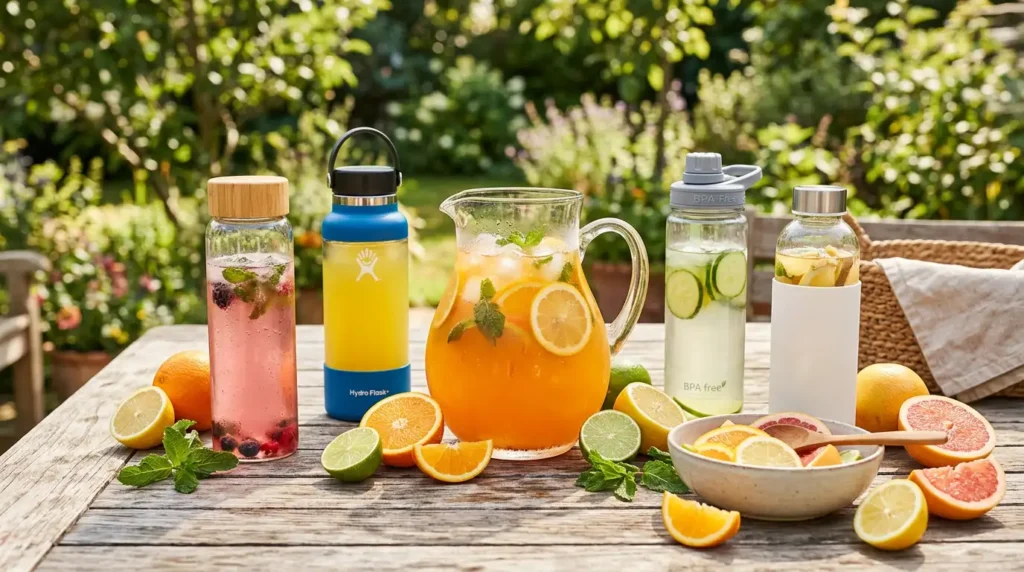 A variety of electrolyte powders to beat summer dehydration displayed on a sunny outdoor table