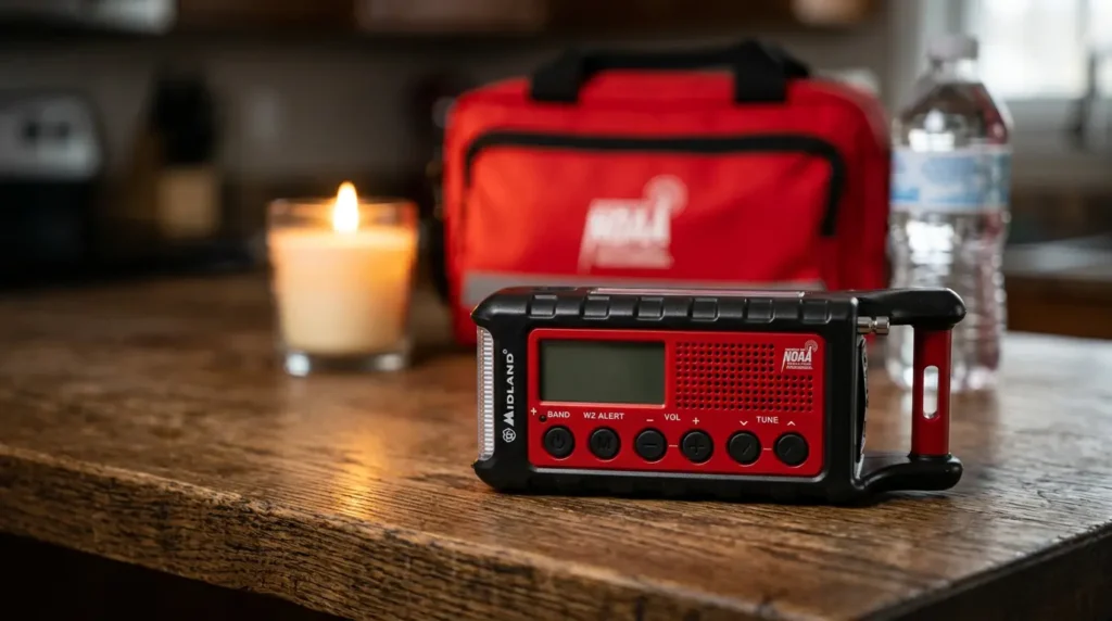Midland ER310 emergency hand crank radio sitting on a modern wooden kitchen counter next to a glass of water and emergency supplies in a softly lit cozy home.