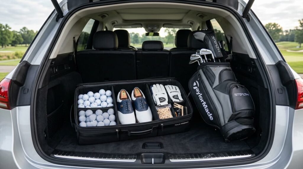 An open premium black fabric golf trunk organizer placed in the car trunk, neatly storing golf shoes, balls, and accessories.