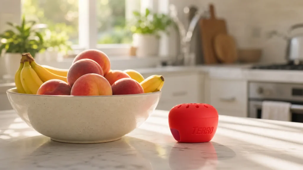 The best indoor fruit fly trap set up on a clean kitchen counter next to fresh fruit.