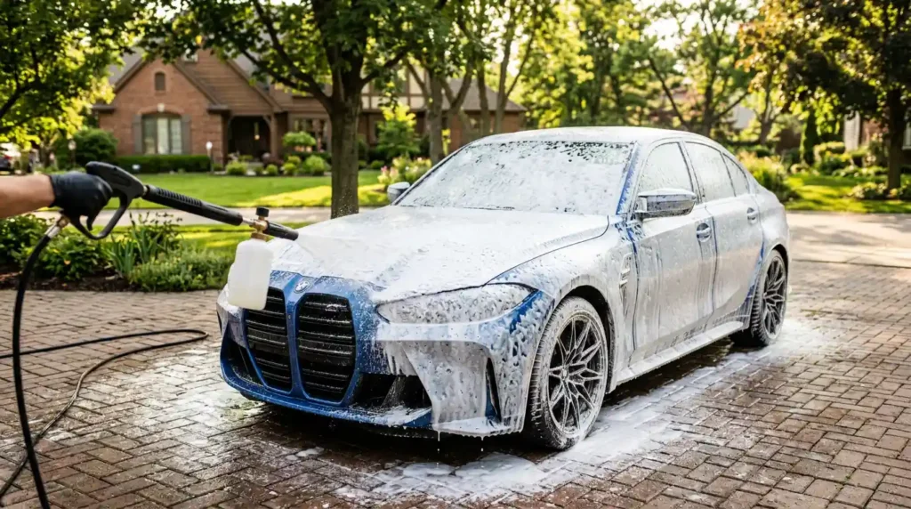 A clean blue car covered in thick white soap suds from the best snow foam cannon on a sunny driveway