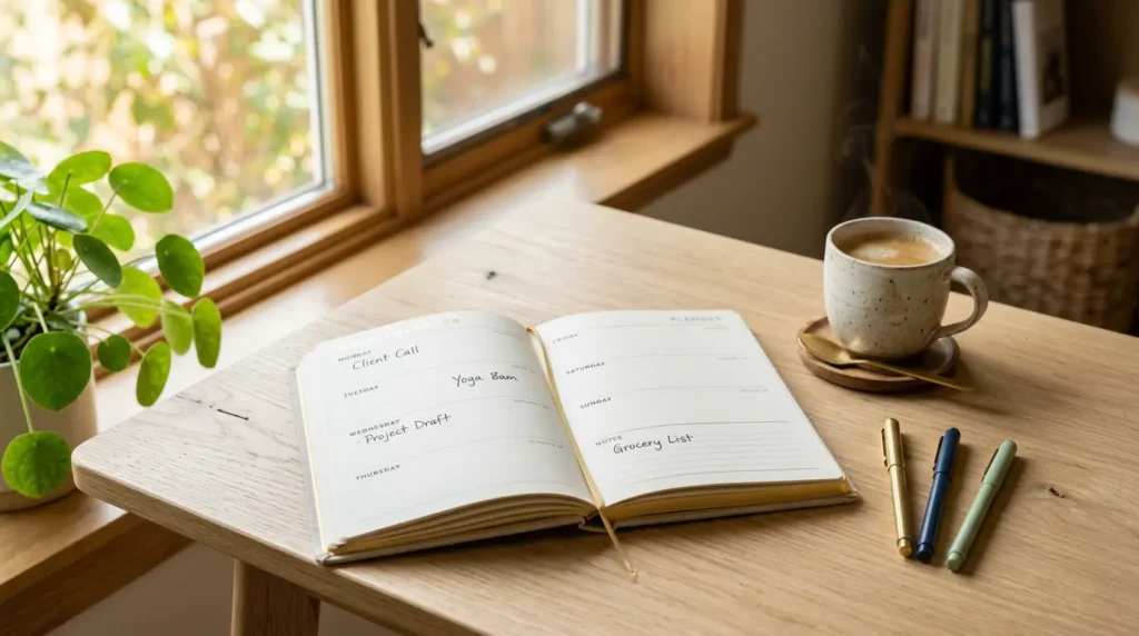 An elegant undated planner for mid-year reset open on a minimalist desk