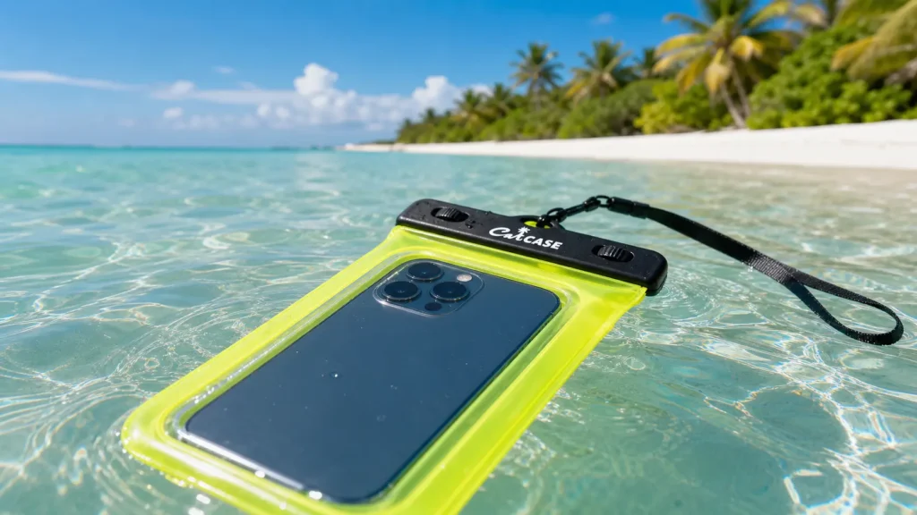 An iPhone inside a neon-yellow Pelican Marine waterproof floating phone pouch floating near crystal-clear turquoise ocean water on a tropical beach.