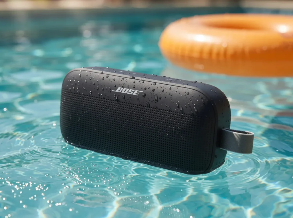 The rugged Bose SoundLink Flex 2nd Gen speaker floating in a backyard swimming pool next to a colorful pool float under bright summer sunlight.