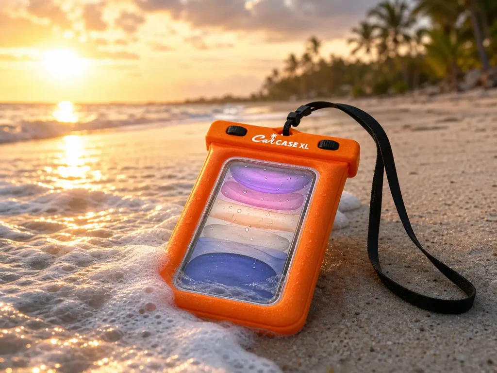 A bright orange CaliCase XL floating waterproof phone case sitting on wet sand near the ocean tide.