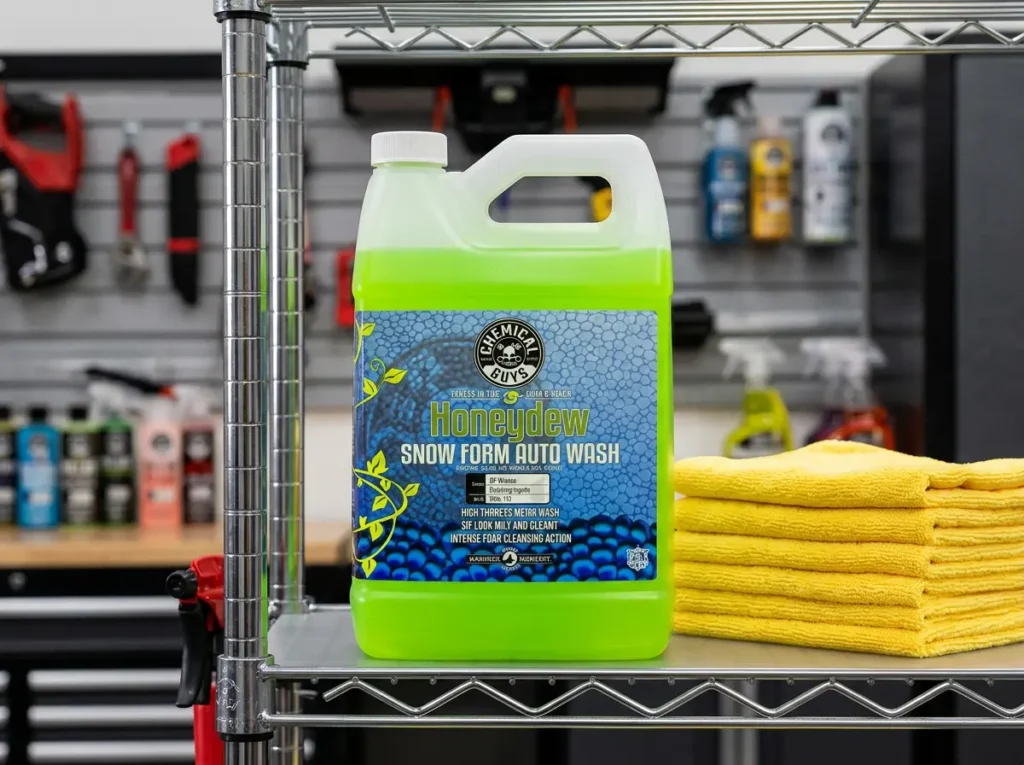 A clear gallon jug of neon-green Chemical Guys Honeydew Snow Foam Car Wash Soap on a garage shelf.