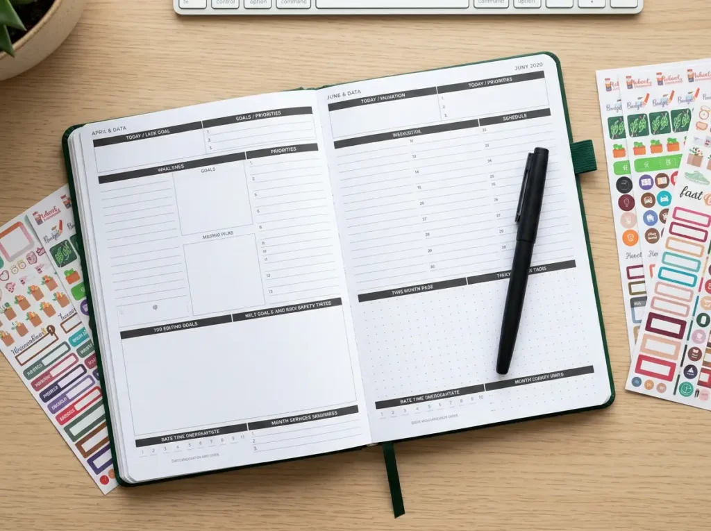 A forest green Clever Fox Planner PRO open on a clean workspace showing weekly layout spreads and colorful planning stickers