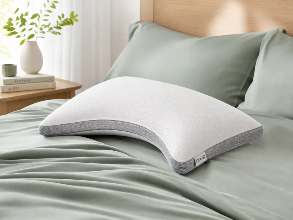 A Coop Sleep Goods Eden Cool+ Pillow with a breathable white cover resting on top of draped organic bamboo cooling sheets.