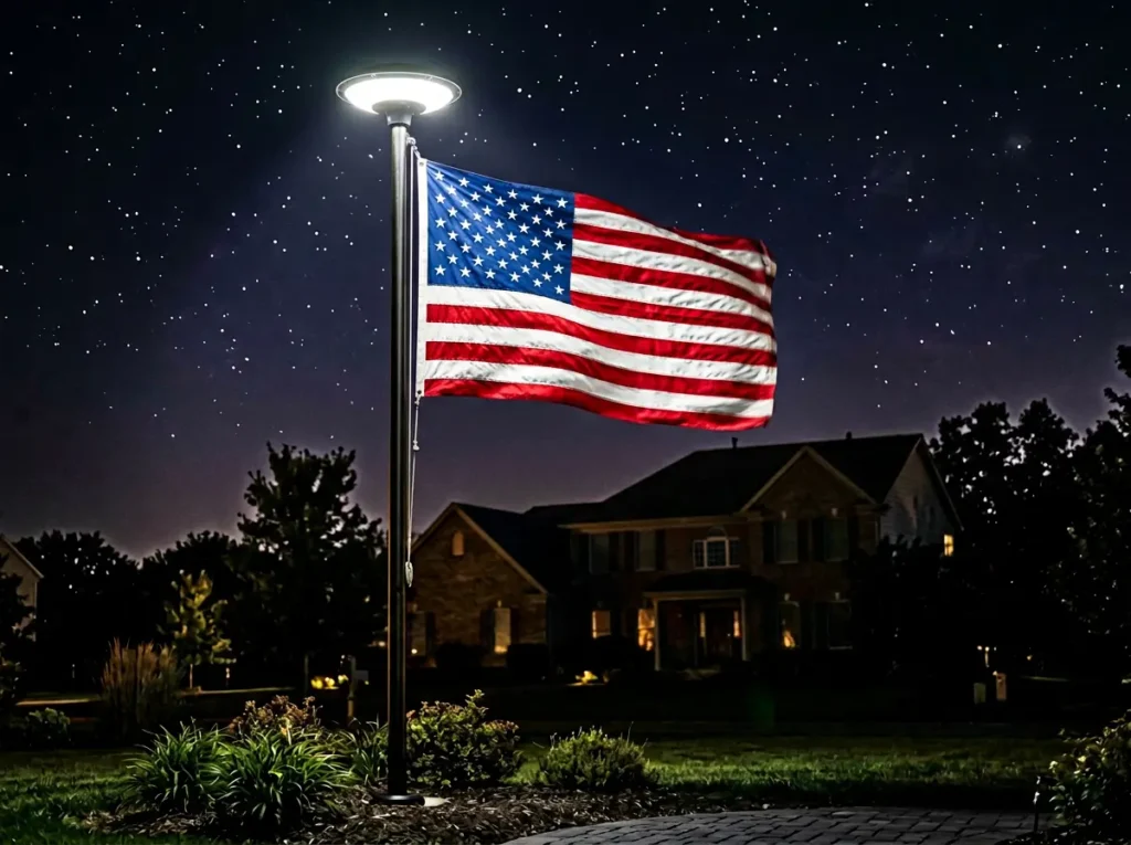 An American flag flying at night, brightly illuminated from above by a Deneve solar-powered flagpole light attached to the top of the pole.