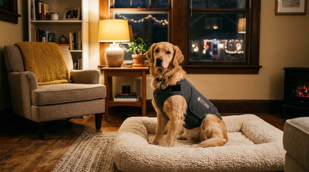 A relaxed golden retriever wearing an anxiety vest to soothe dog fireworks anxiety on a cozy dog bed.