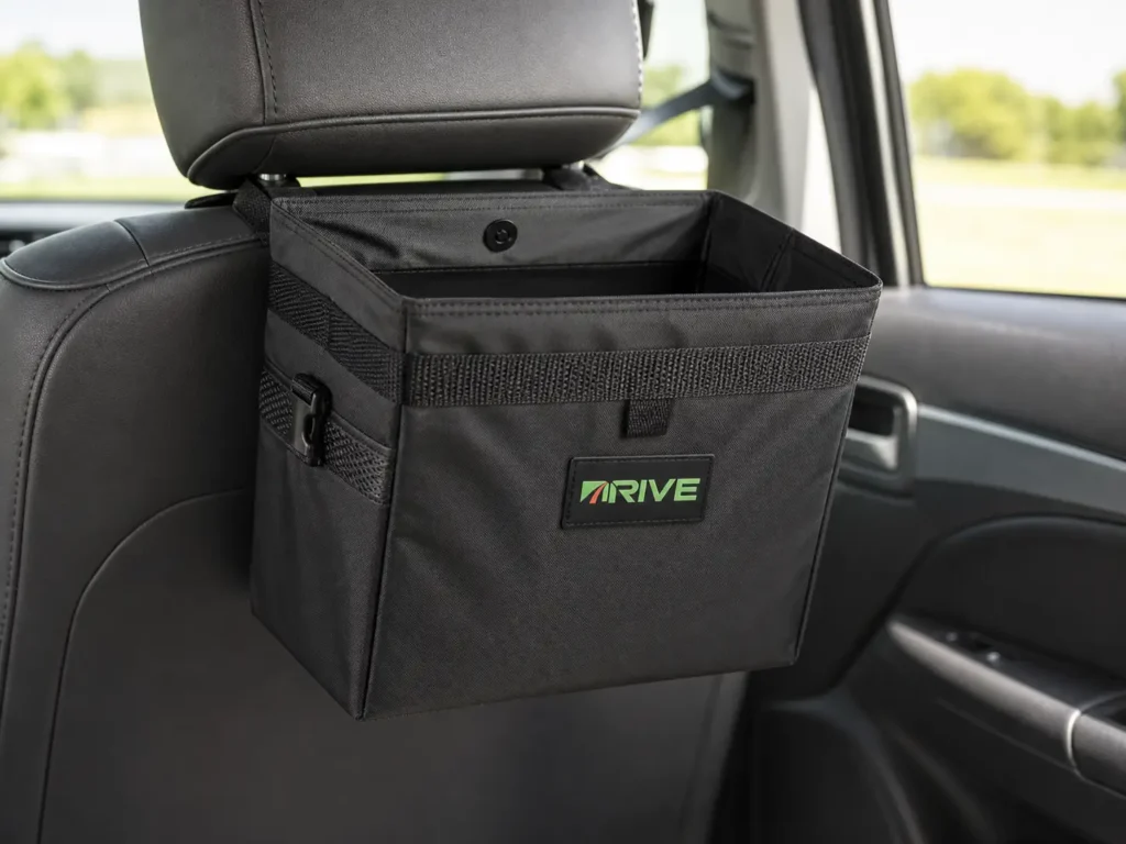 Drive Auto collapsible car trash can attached behind the front seat, showcasing its structured design.