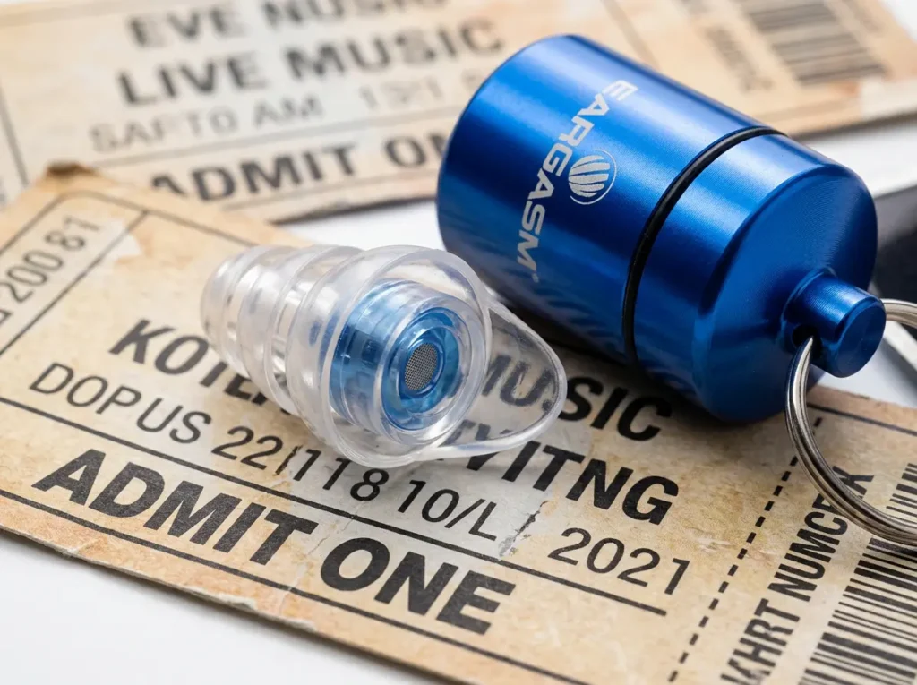 Clear silicone Eargasm High Fidelity Earplug with blue acoustic filter next to its aluminum carrying case on a concert ticket.